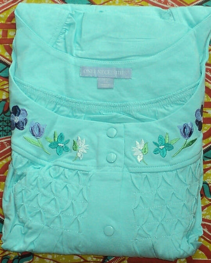 Only Necessities Plus Size Pale Ocean Short Sleeve Smocked Lounger Size 1X-22/24