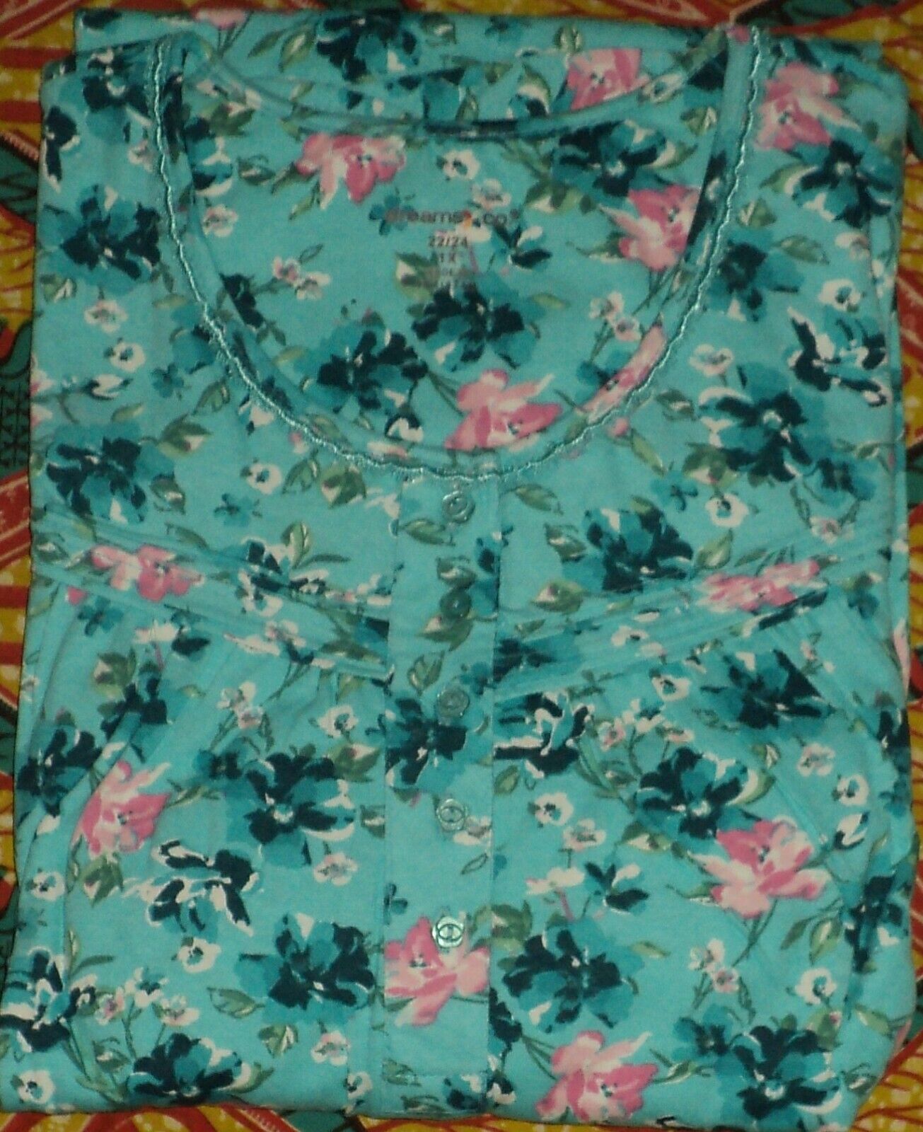 Dreams & Co. Plus Size Caribbean Blue Roses Long Cotton Knit Nightgown Size 2X