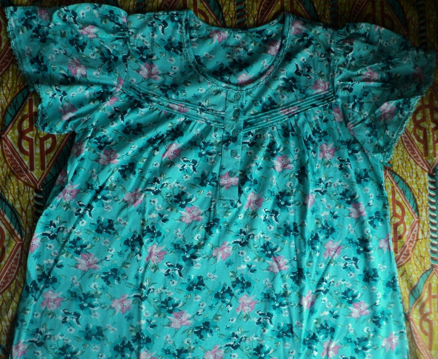 Dreams & Co. Plus Size Caribbean Blue Roses Long Cotton Knit Nightgown Size 2X