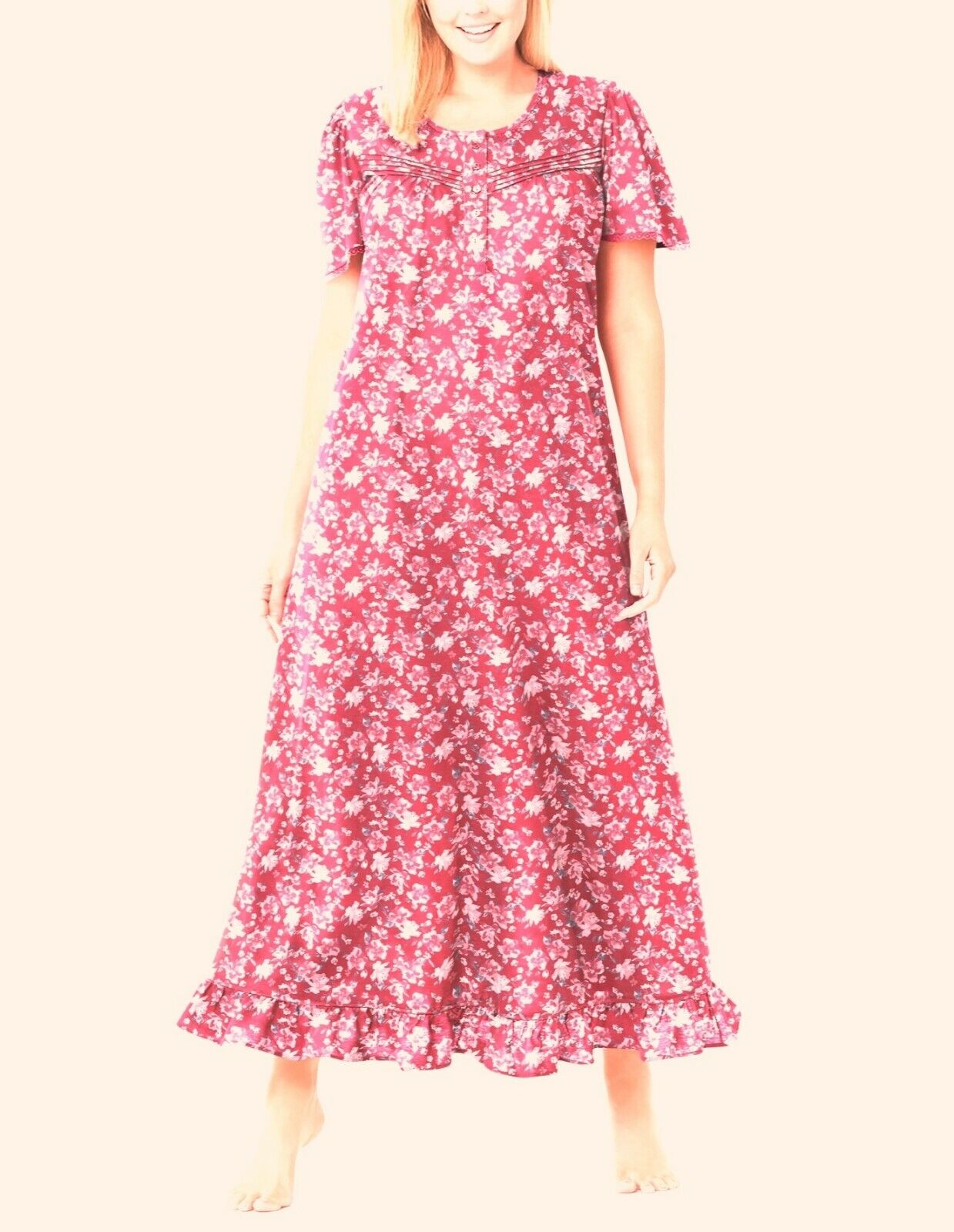 Dreams & Co. Plus Size Strawberry Roses Long Cotton Knit Nightgown Size 5X-38/40