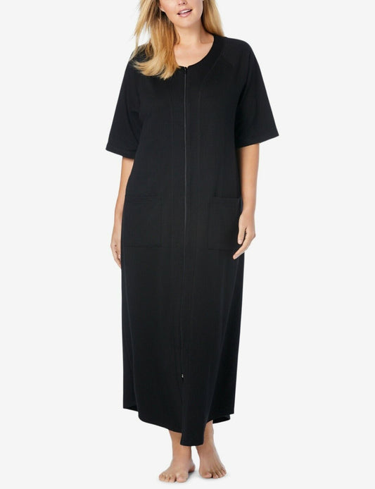 Dreams & Co. Plus Size Black Short Sleeves Long Zip-Front Robe Size 6X(42/44)