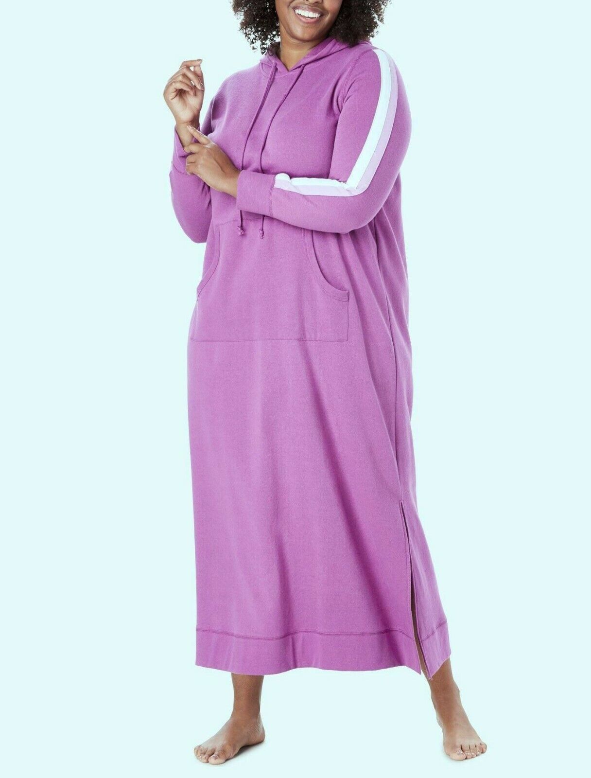 Dreams & Co Plus Size Radiant Orchid Stripe Long Hooded Sweatshirt Lounger Sz 4X