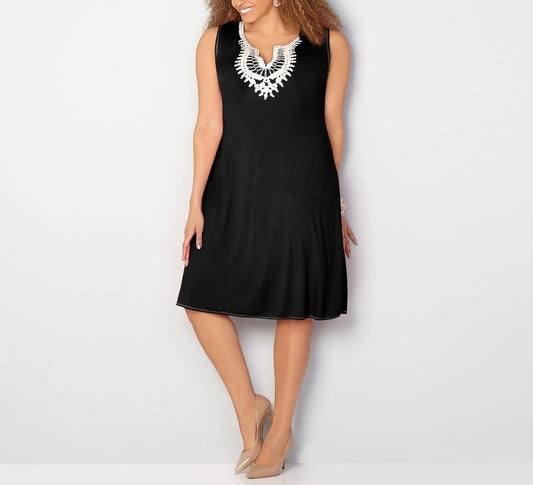 Avenue Plus Size Black Embroidered Split V-Neck Tank Dress Size 22/24