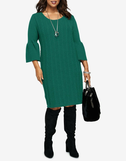 Jessica London Plus Size Dark Emerald Bell-Sleeve Cable Sweater Dress Sz 26/28