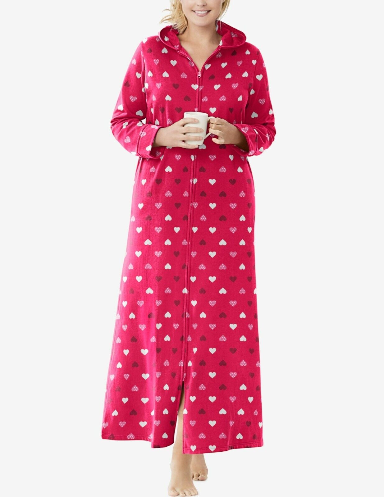 Dreams & Co. Plus Size Petite Radiant Pink Hearts Long Fleece Hoodie Robe Sz 5X