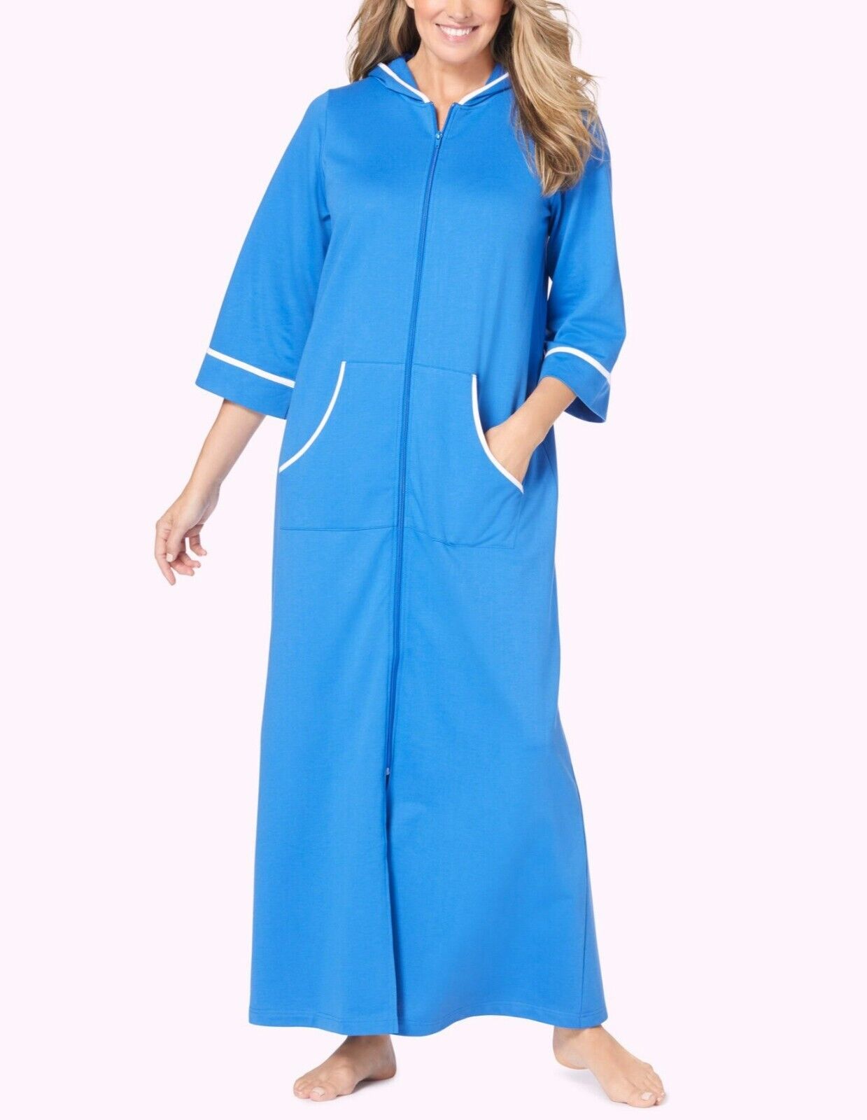 Dreams & Co. Plus Size Cobalt Blue 3/4 Sleeves Long Hooded Robe Size 1X(22/24)