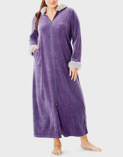 Dreams & Co. Plus Size Rich Violet Fur-Trimmed Hooded Robe Size 1X(22/24)