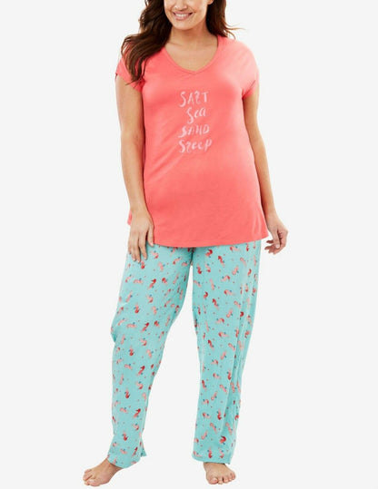 Dreams & Co. Plus Size Coral Rose Seahorse Graphic Tee Pajama Set Size 1X(22/24)