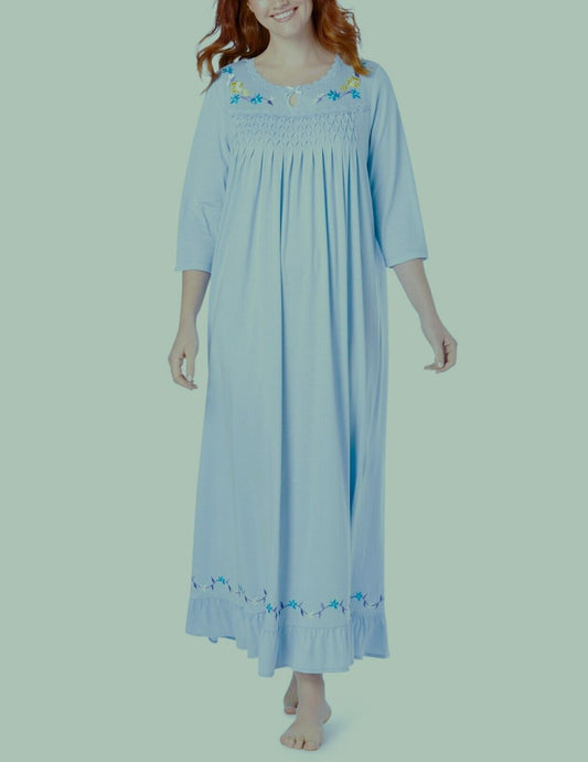 Only Necessities Plus Size Sky Blue 3/4 Sleeves Smocked Nightgown Size 1X-22/24