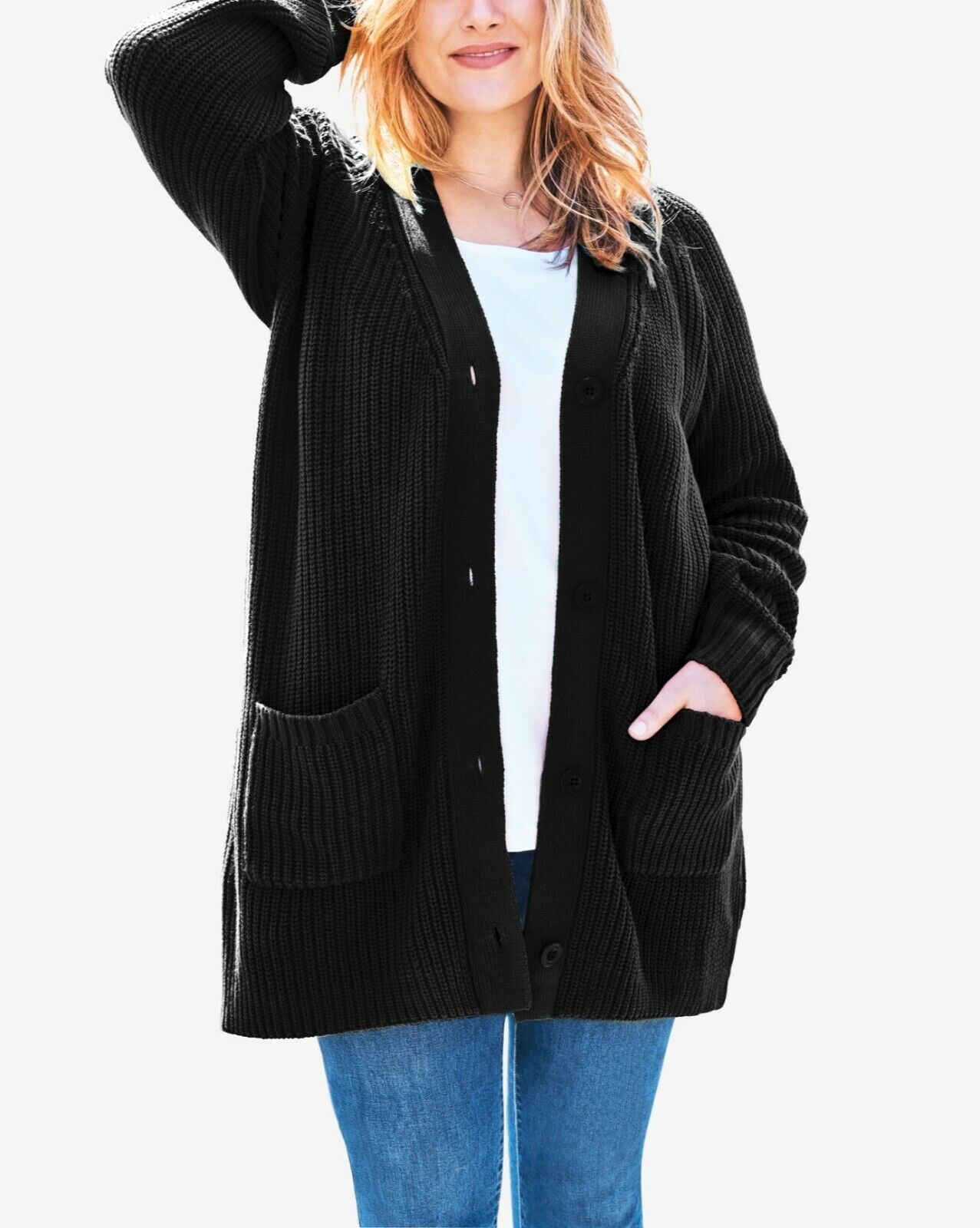 Woman Within Plus Size Black Long Sleeves Shaker Knit Cardigan Size 3X(30/32)