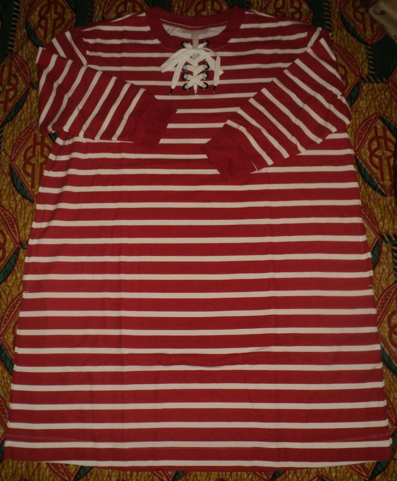 Woman Within Plus Size Vivid Red White Stripe Lace-Up Front Fleece Dress Size 2X