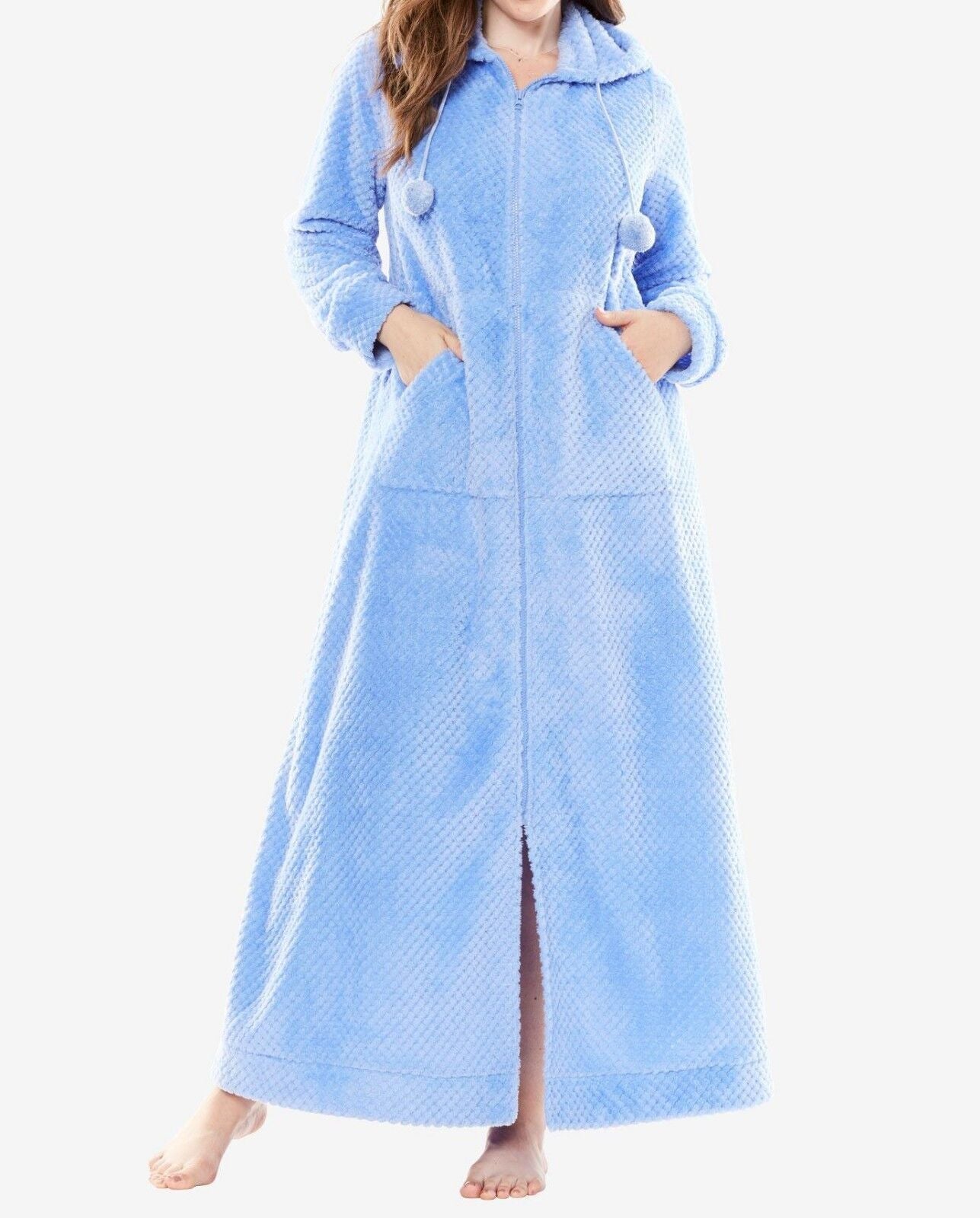 Dreams & Co. Plus Size French Blue Plush Hooded Long Robe Size 2X(26/28)