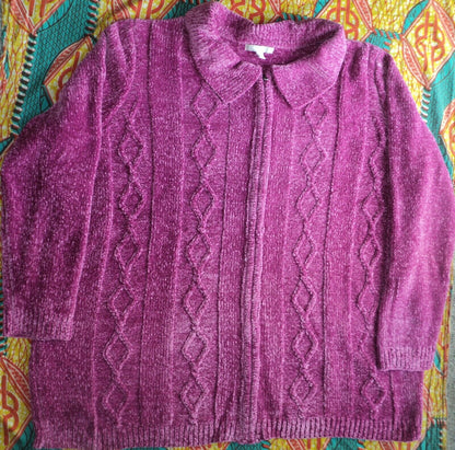 Woman Within Plus Size Raspberry Chenille Zip Cable Cardigan Size 6X(42/44)