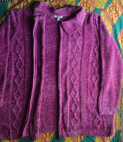 Woman Within Plus Size Raspberry Chenille Zip Cable Cardigan Size 6X(42/44)