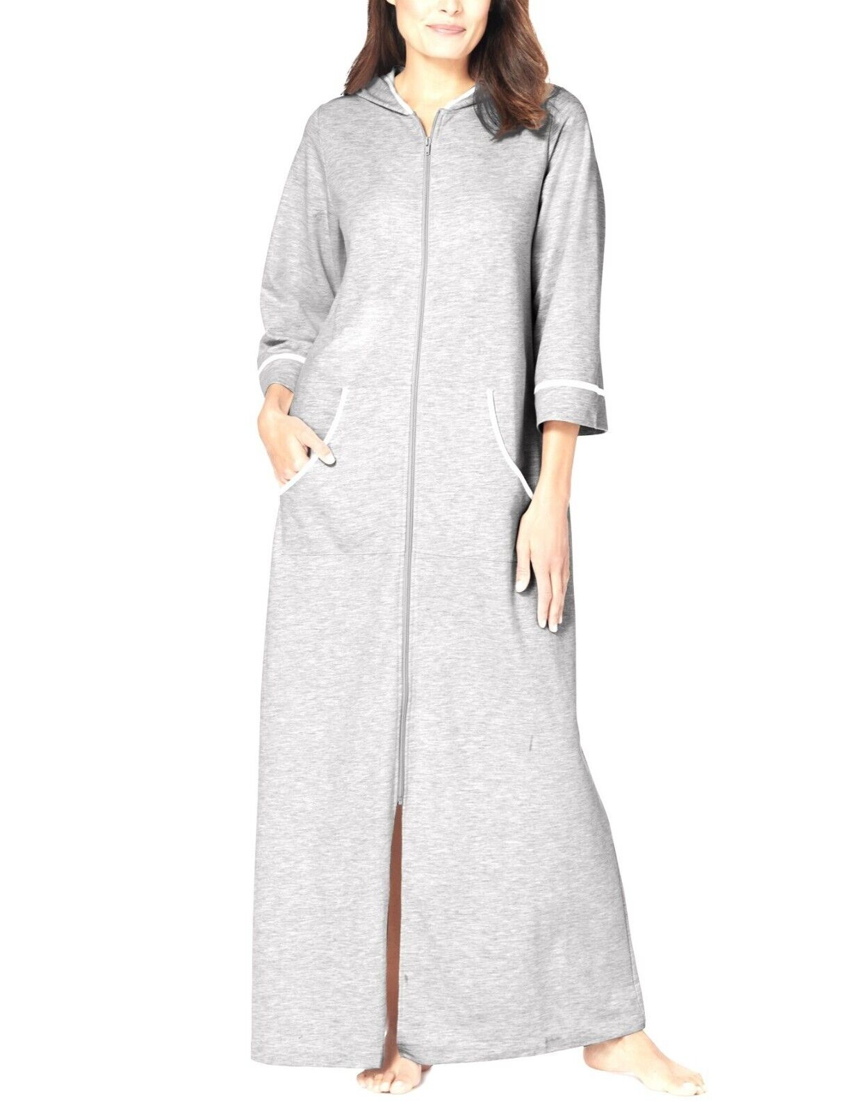 Dreams & Co. Plus Size Heather Grey  3/4 Sleeves Long Hooded Robe Size 2X(26/28)