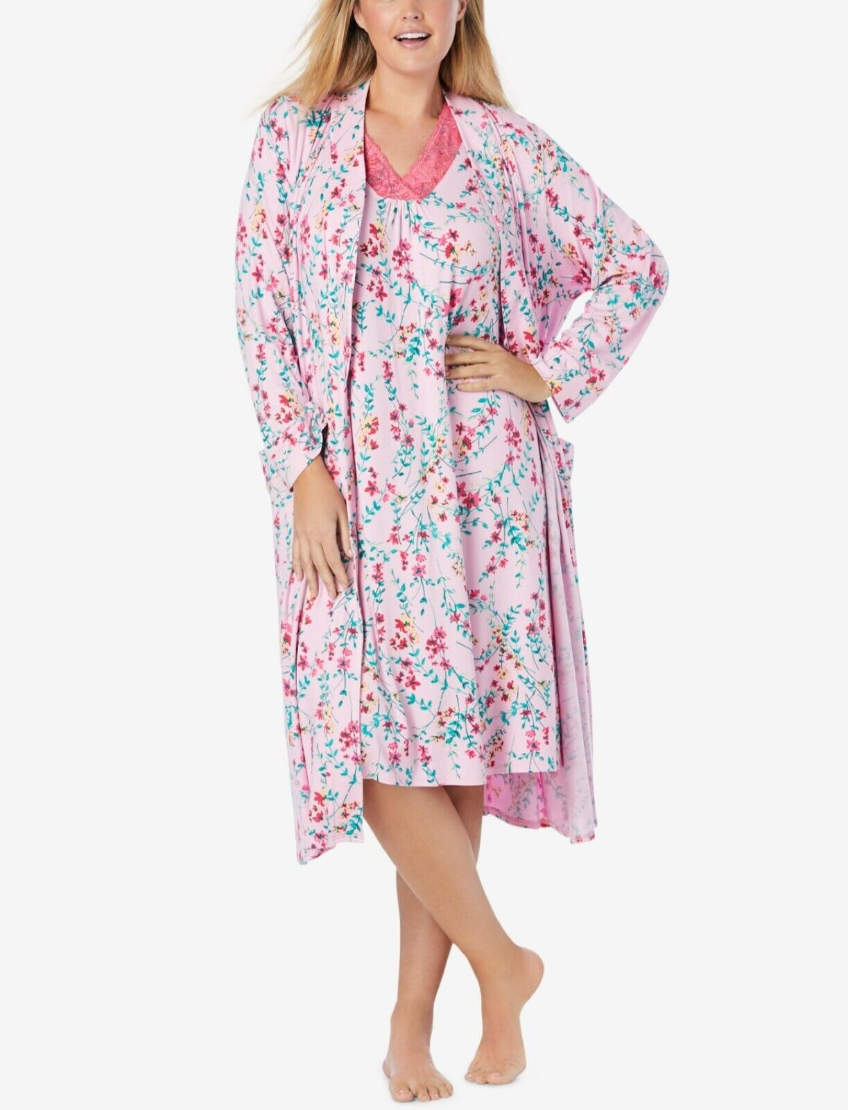 Dreams & Co. Plus Size Pink Flower Vine Knit Gown & Robe Set Size 1X(22/24)