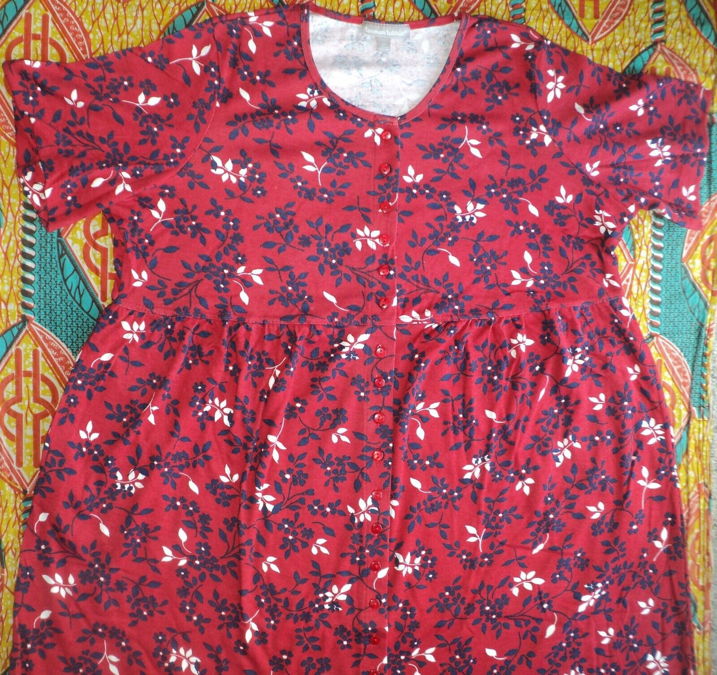 Woman Within Petite Plus Size Classic Red Button Front Empire Waist Dress Sz L