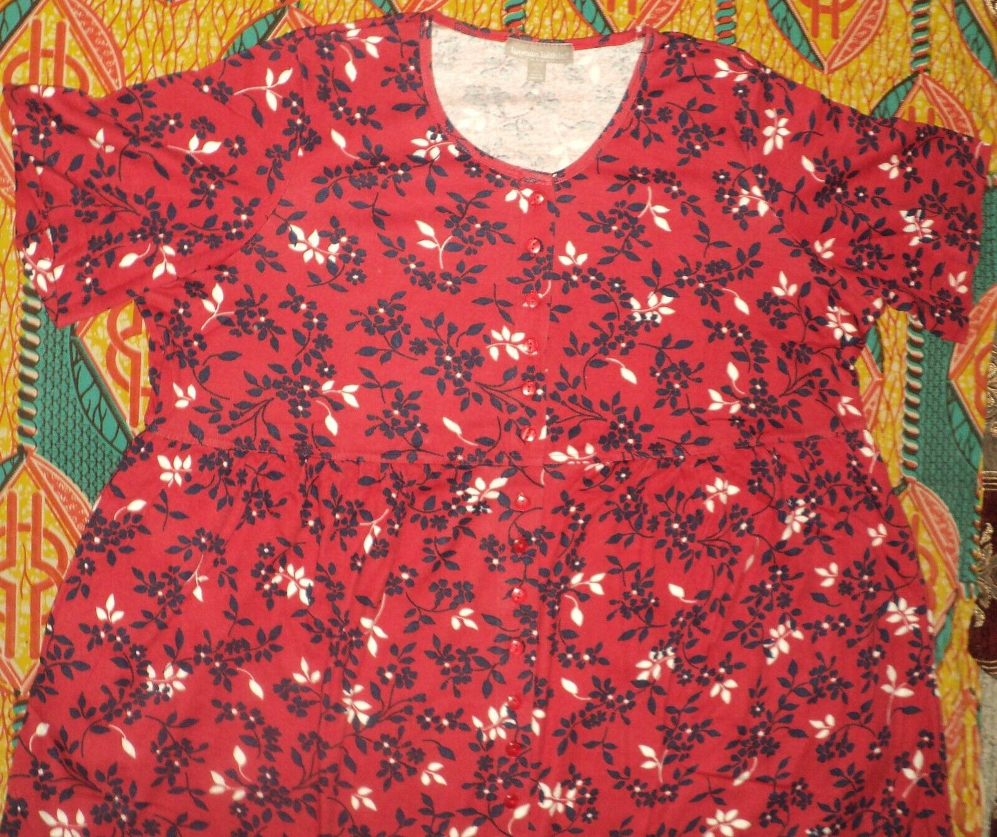 Woman Within Petite Plus Size Classic Red Button Front Empire Waist Dress Sz L