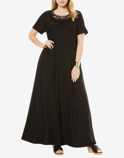 Jessica London Plus Size Black Short Sleeves Crochet Applique Maxi Dress Sz 24W