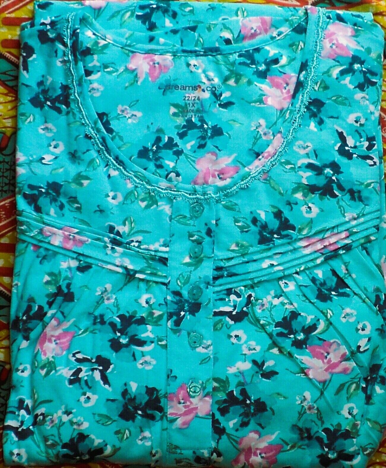 Dreams & Co. Plus Size Petite Caribbean Blue  Long Cotton Knit Nightgown Sz 1X