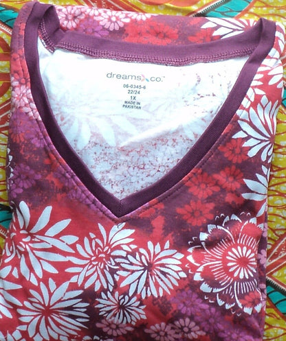 Dreams & Co. Plus Size Pomegranate Floral Long T-Shirt Lounger Size 1X(22/24)