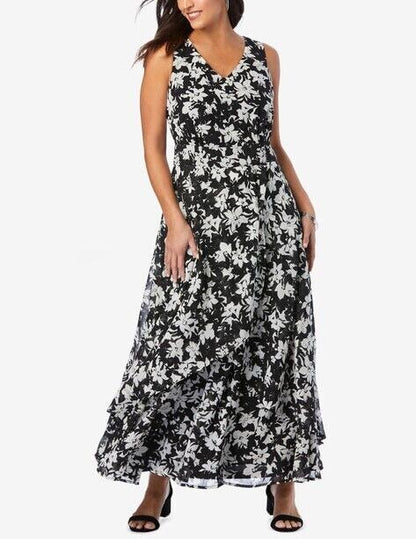 Jessica London Plus Size Black Brushed Floral Flyaway Maxi Dress Size 30W