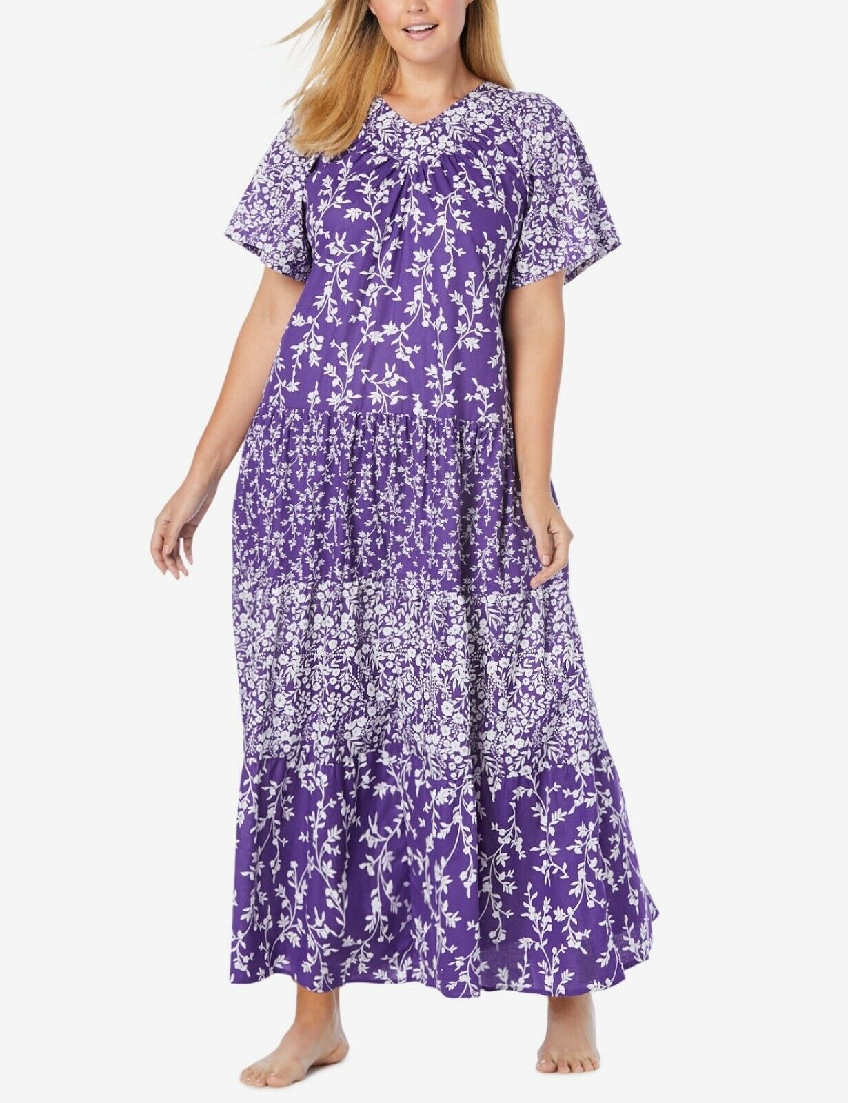 Only Necessities Plus Size Plum Burst Flutter Sleeve Tiered Long Lounger Size 1X