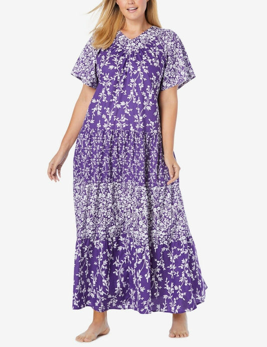 Only Necessities Plus Size Plum Burst Flutter Sleeve Tiered Long Lounger Size 1X