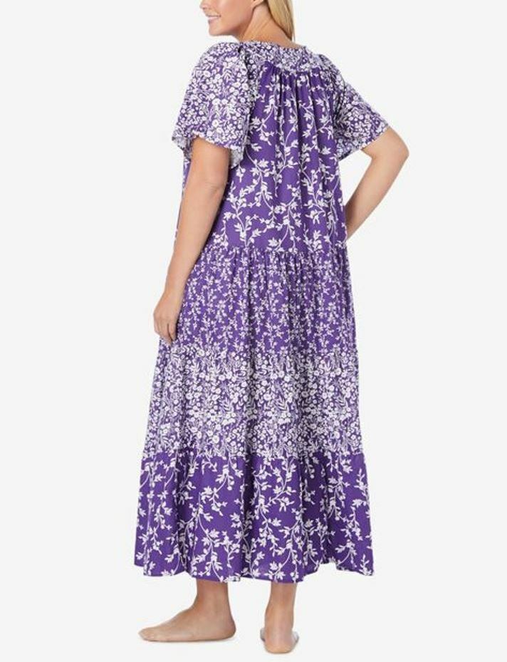 Only Necessities Plus Size Plum Burst Flutter Sleeve Tiered Long Lounger Size 1X