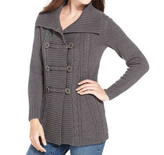 Style & Co. Charcoal Long-Sleeve Cable-Knit Sweater Cardigan Size PS