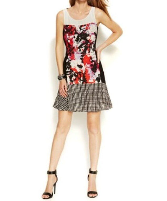 DKNYC Vermillion Sleeveless Mixed-Print Flounce Hem Dress Size 10