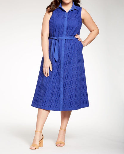 Jessica London Plus Size Blue Sapphire Sleeveless Eyelet Shirtdress Size 26