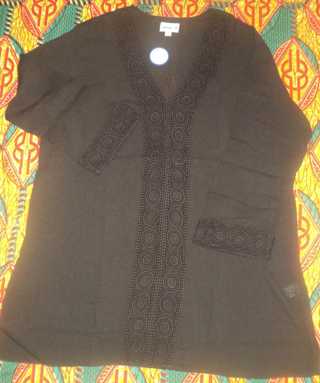 Plus Size Black Long Sleeves Crochet-Trimmed Gauze Swim Cover-up Size 38/40