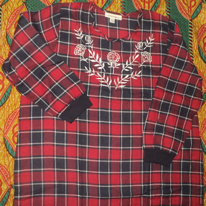 Dreams & Co. Plus Size Navy Plaid Embroidered Cotton Flannel Lounger Sz L(18/20)