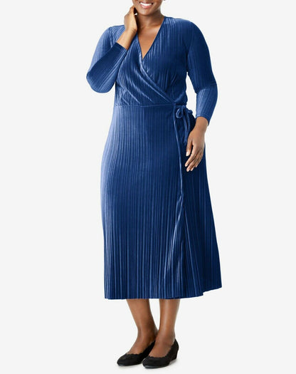 Woman Within Plus size Evening Blue Crinkle Velour Faux Wrap Dress Size M-14/16