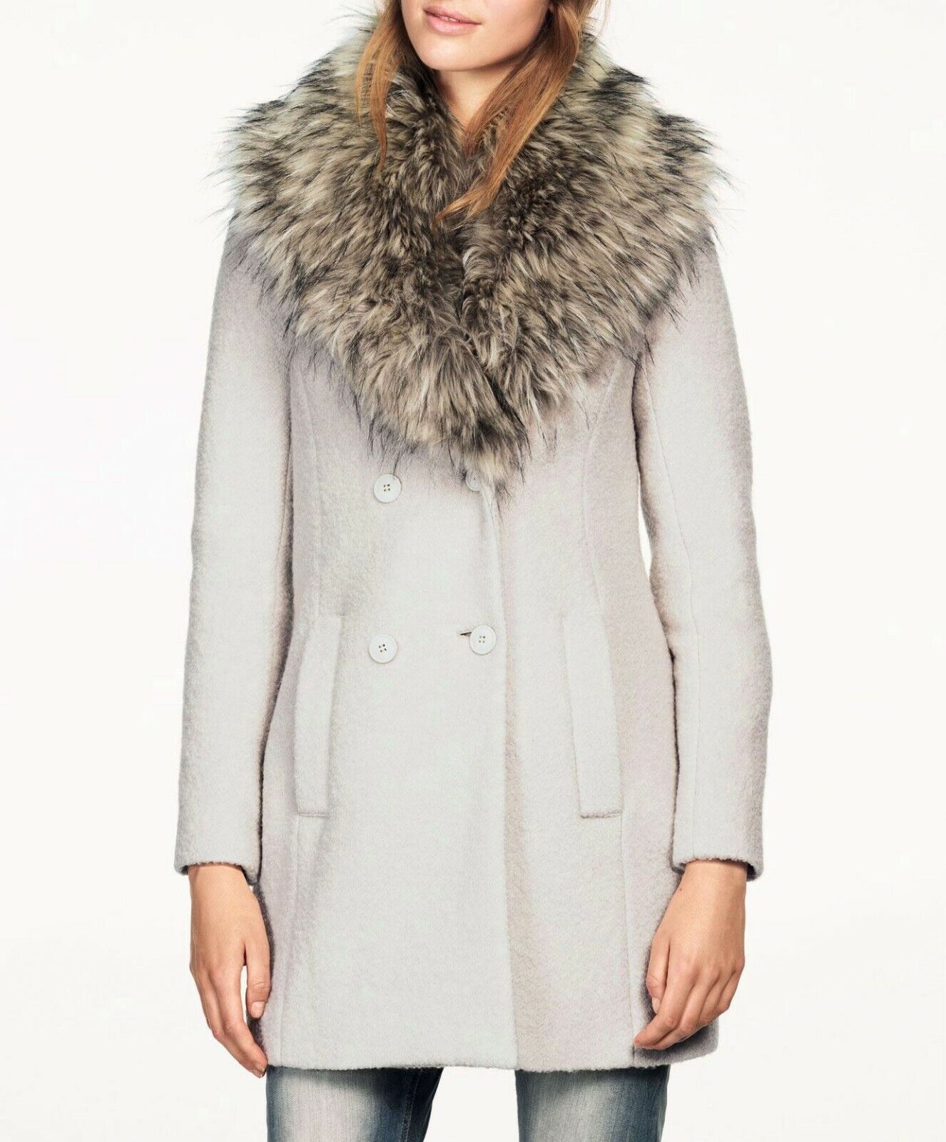 Ellos Plus Size Stone Long sleeve Boucle Coat W/ Removable Faux Fur Collar 20