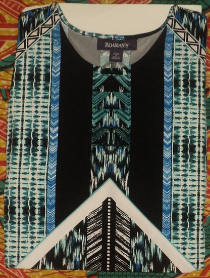 Roaman's Plus Size Teal Graphic Print Knit Sleeveless Dress Size 2X(26/28)