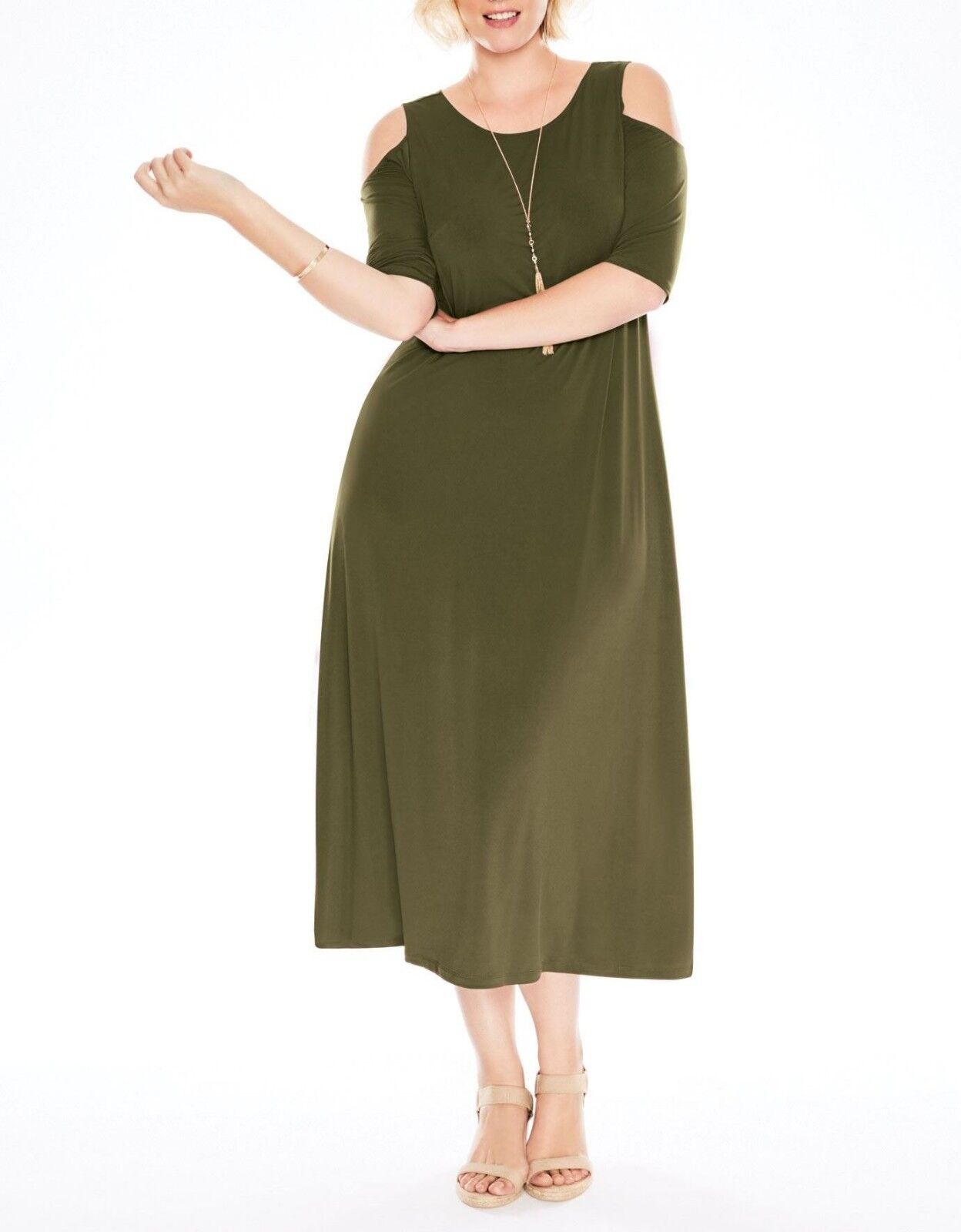Woman Within Plus Size Dark Basil Cold-Shoulder A-line Maxi Dress Size M(14/16)