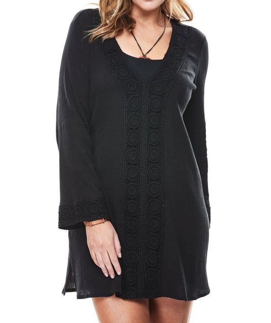 Plus Size Black Long Sleeves Crochet-Trimmed Gauze Swim Cover-up Size 30/32