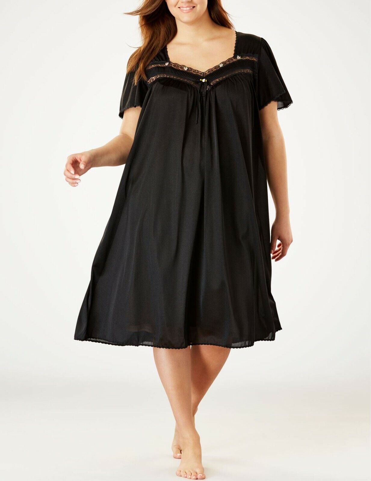 Only Necessities Plus Size Black Short Silky Lace-Trim Nightgown Size L(18/20)