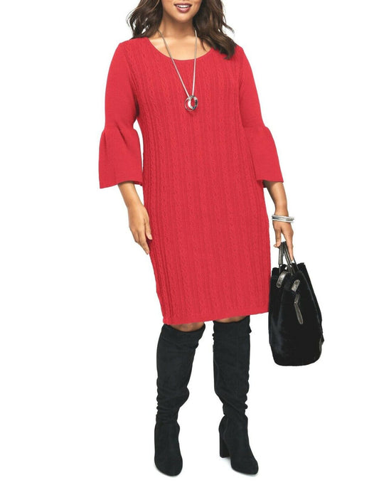 Jessica London Plus Size Bright Ruby Bell-Sleeve Cable Sweater Dress Size 22/24