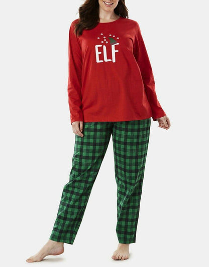 Dreams & Co. Plus Size Classic Red Elf Holiday Print Pajama Set Size 1X(22/24)