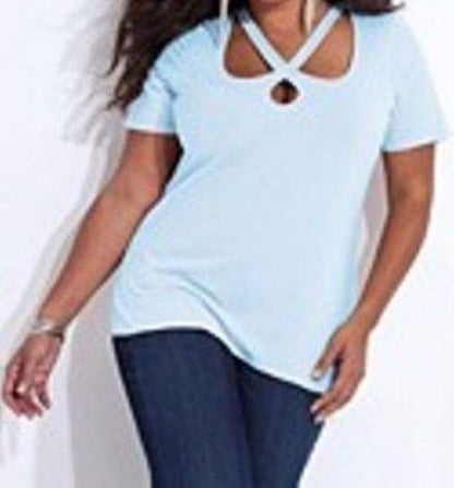 Denim 24/7 Plus Size Pale Blush Short Sleeve Peek-A-Boo Tee Size M(14W/16W)