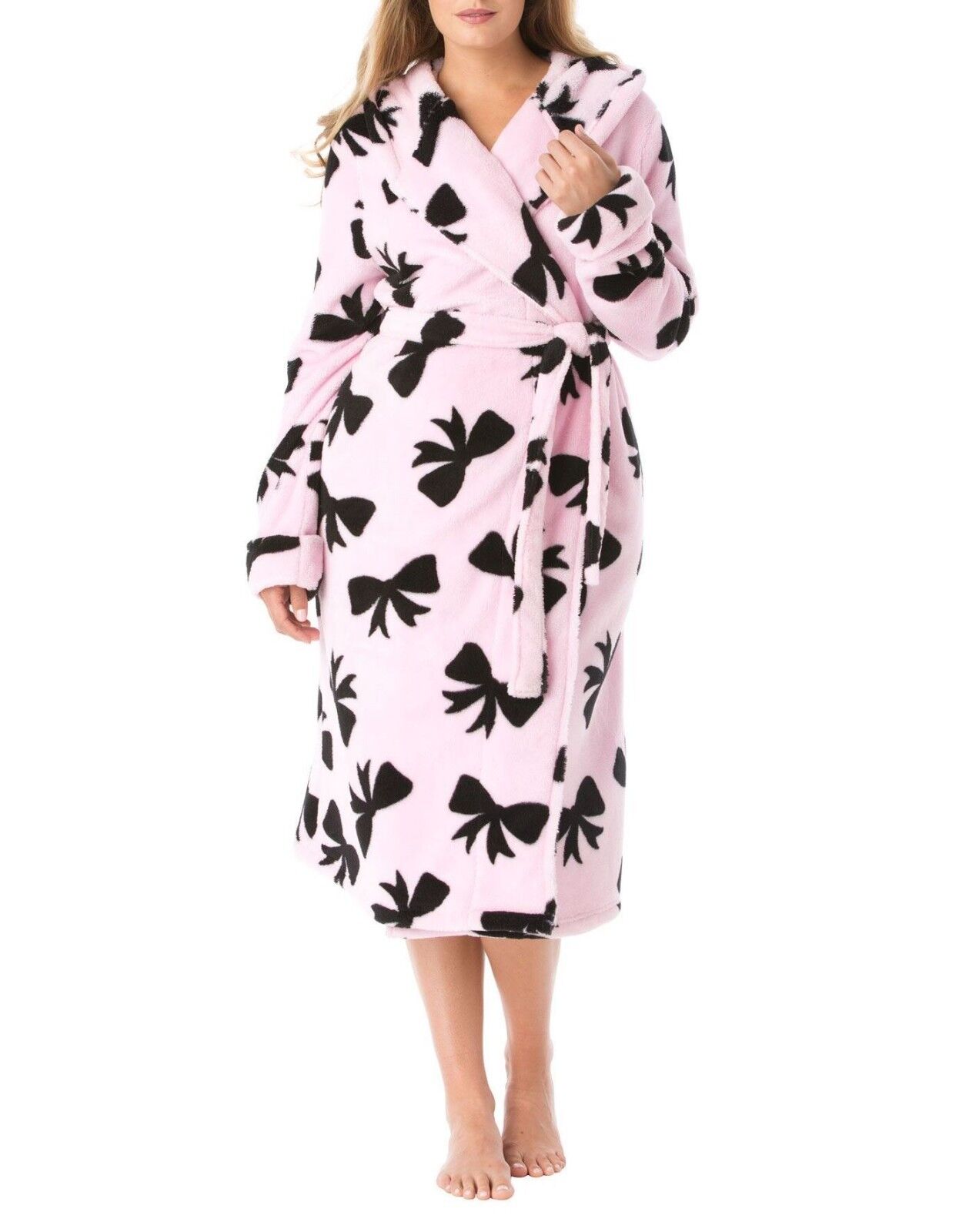 Amoureuse Plus Size Pink Bow Short Hooded Ultraplush Microfleece Robe Sz L-18/20