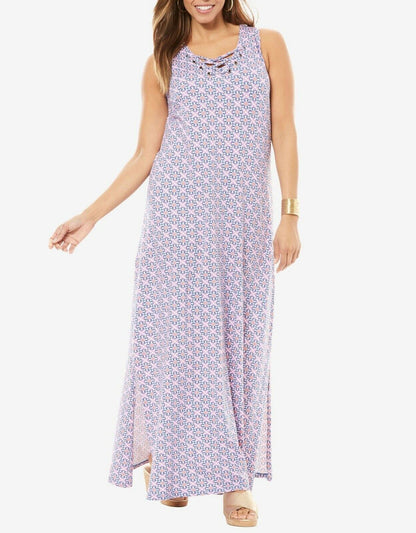 Jessica London Plus Size White Black Floral Faux Lace Up Maxi Dress Size 30W