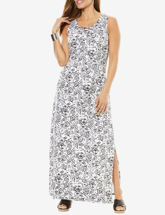 Jessica London Plus Size White Black Floral Faux Lace Up Maxi Dress Size 28W