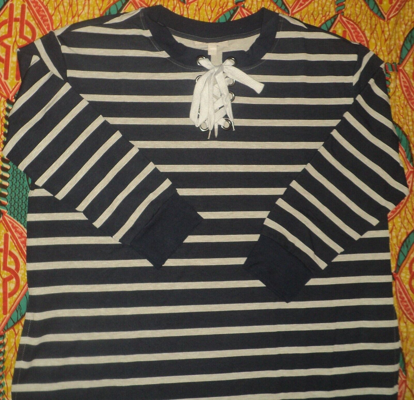 Woman Within Plus Size Navy Heather Grey Stripe Lace-Up Front Fleece Dress Sz 1X