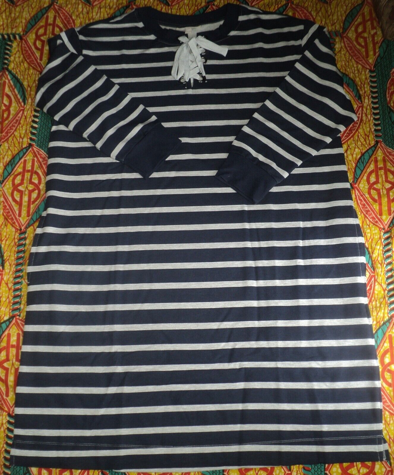 Woman Within Plus Size Navy Heather Grey Stripe Lace-Up Front Fleece Dress Sz 1X