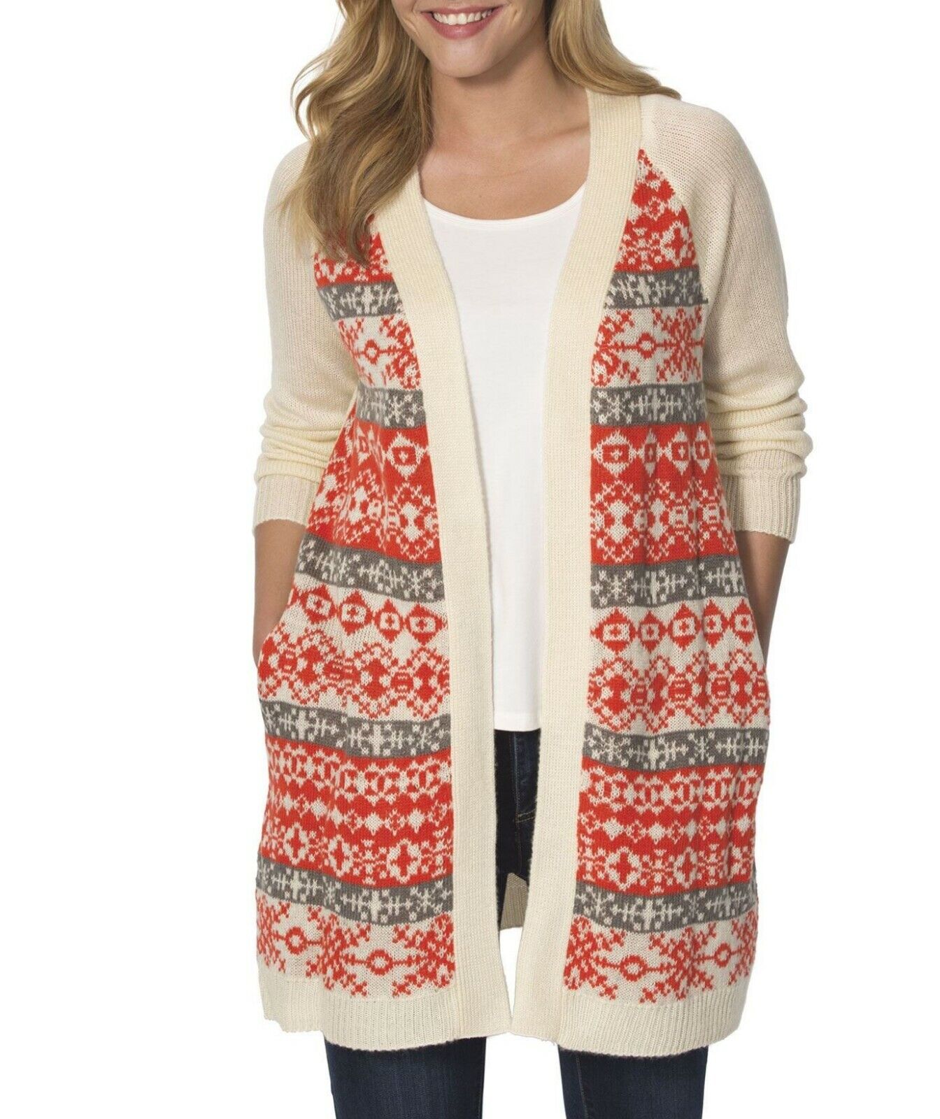 Woman Within Plus Size Bright Orange Fair Isle Cardigan Sweater Size 2X(26/28)