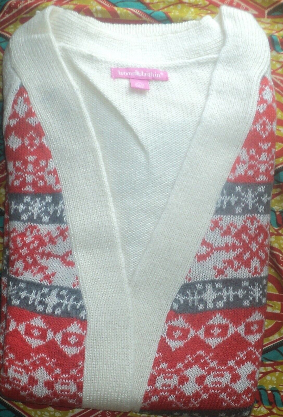 Woman Within Plus Size Bright Orange Fair Isle Cardigan Sweater Size 3X(30/32)